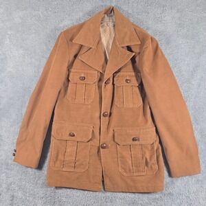 Vintage English Squire Mens Corduroy Safari Jacket Tan 4-Pocket 38L Camel Brown